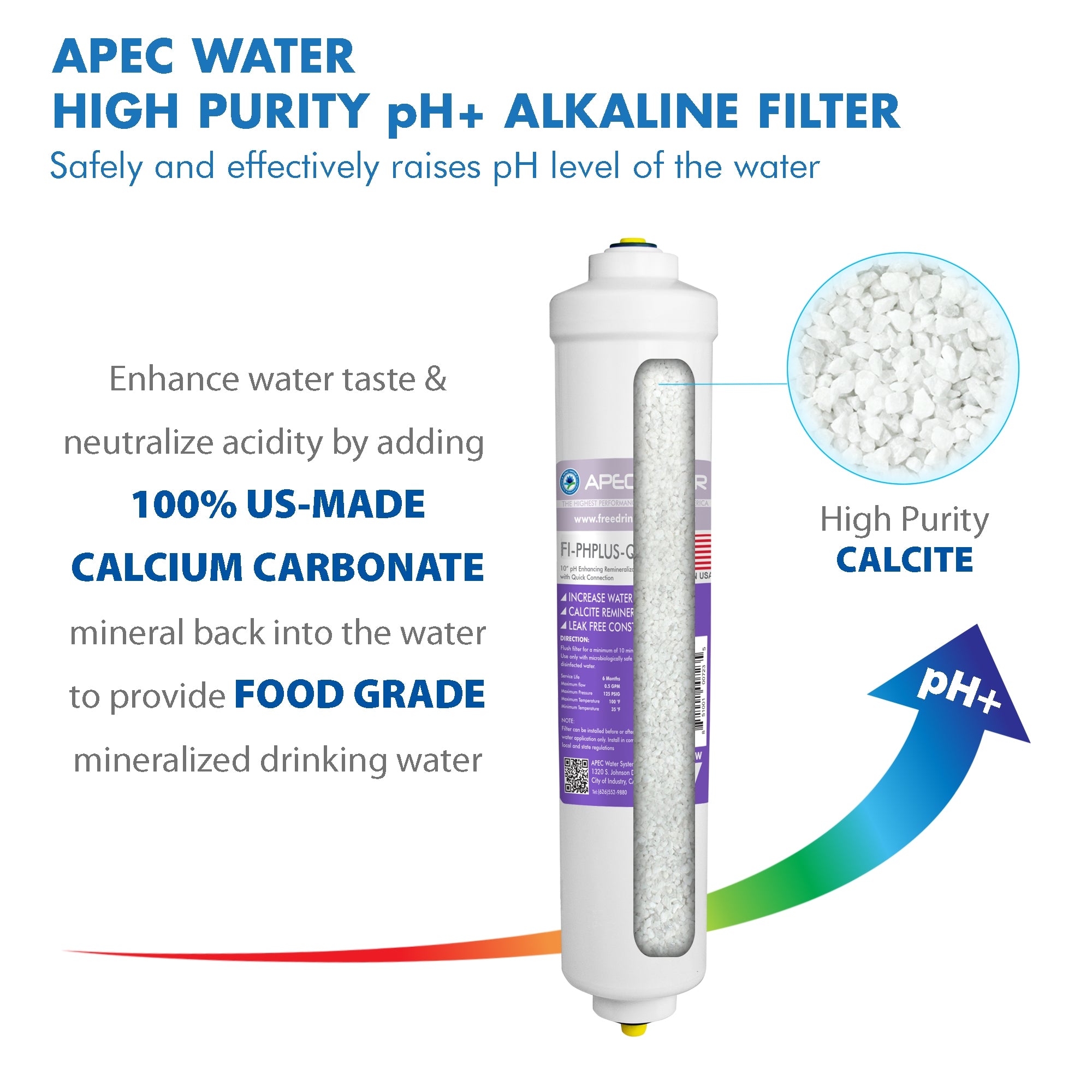 APEC High Purity pHPlus Calcium Carbonate Re-mineralization Inline Filters 10 Inch with 3/8" Quick Connect