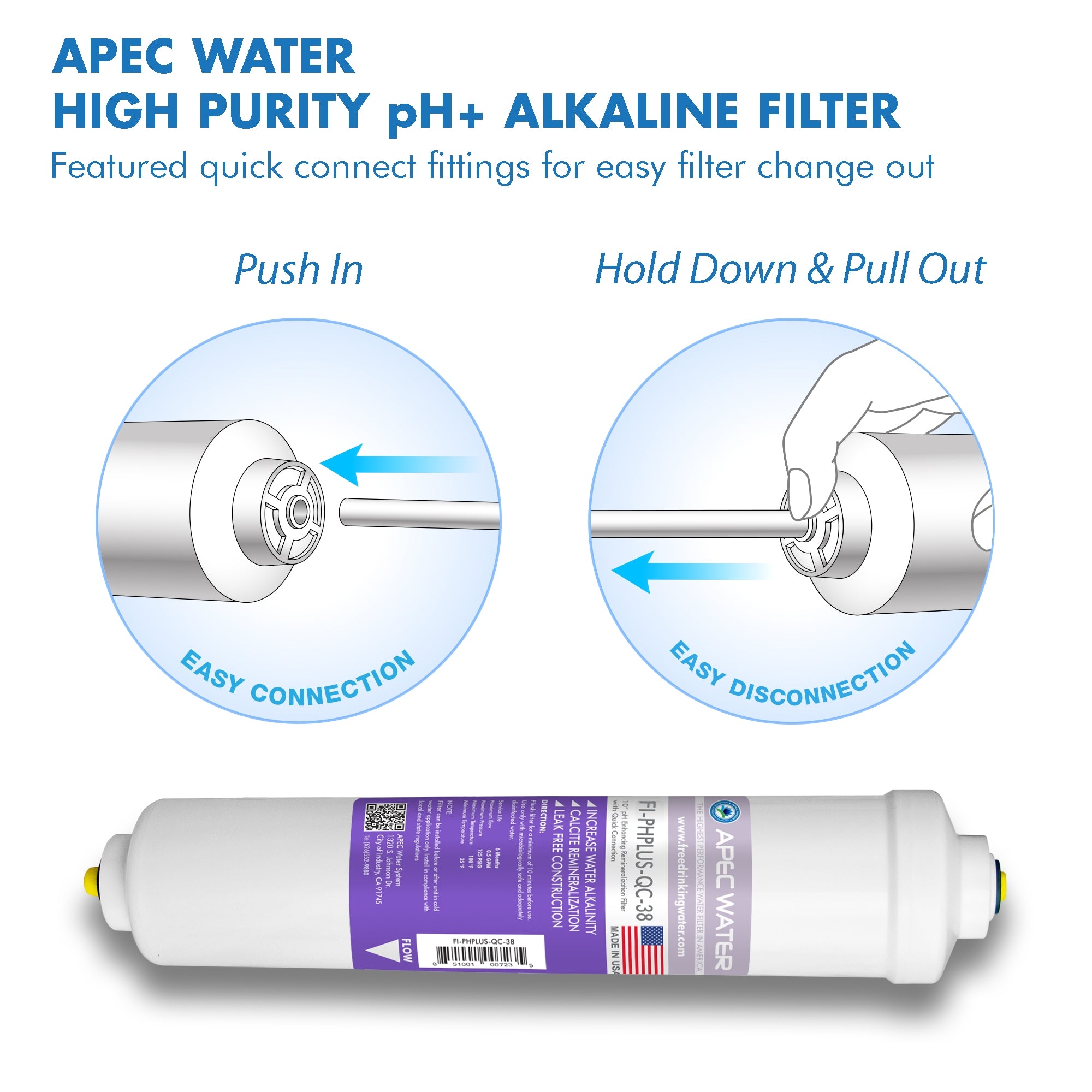 APEC High Purity pHPlus Calcium Carbonate Re-mineralization Inline Filters 10 Inch with 3/8" Quick Connect