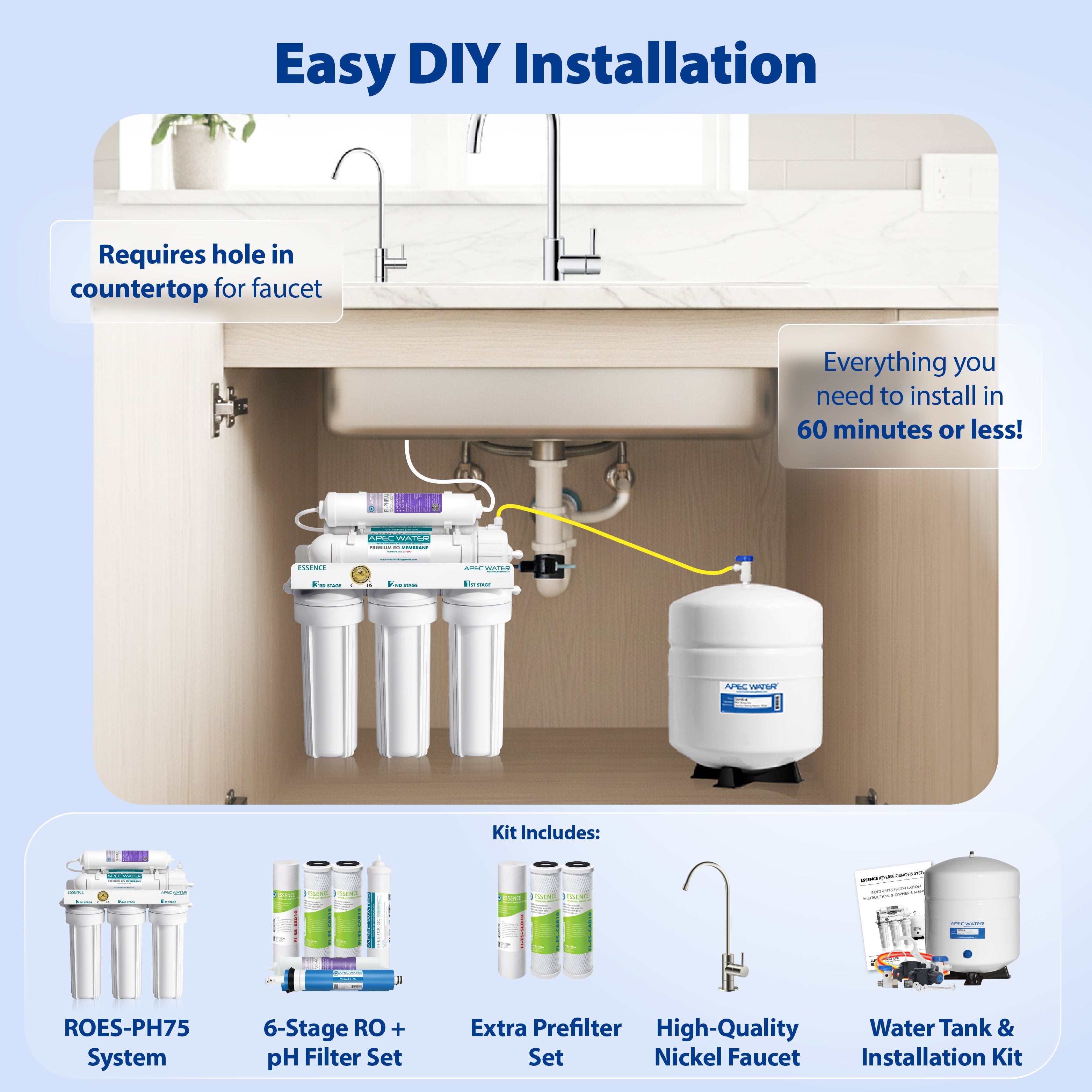 ROES-PH75X - Essence Alkaline Mineral 6-Stage 75 GPD Reverse Osmosis Water Filter System With Extra Pre-Filter Bundle, WQA Certified