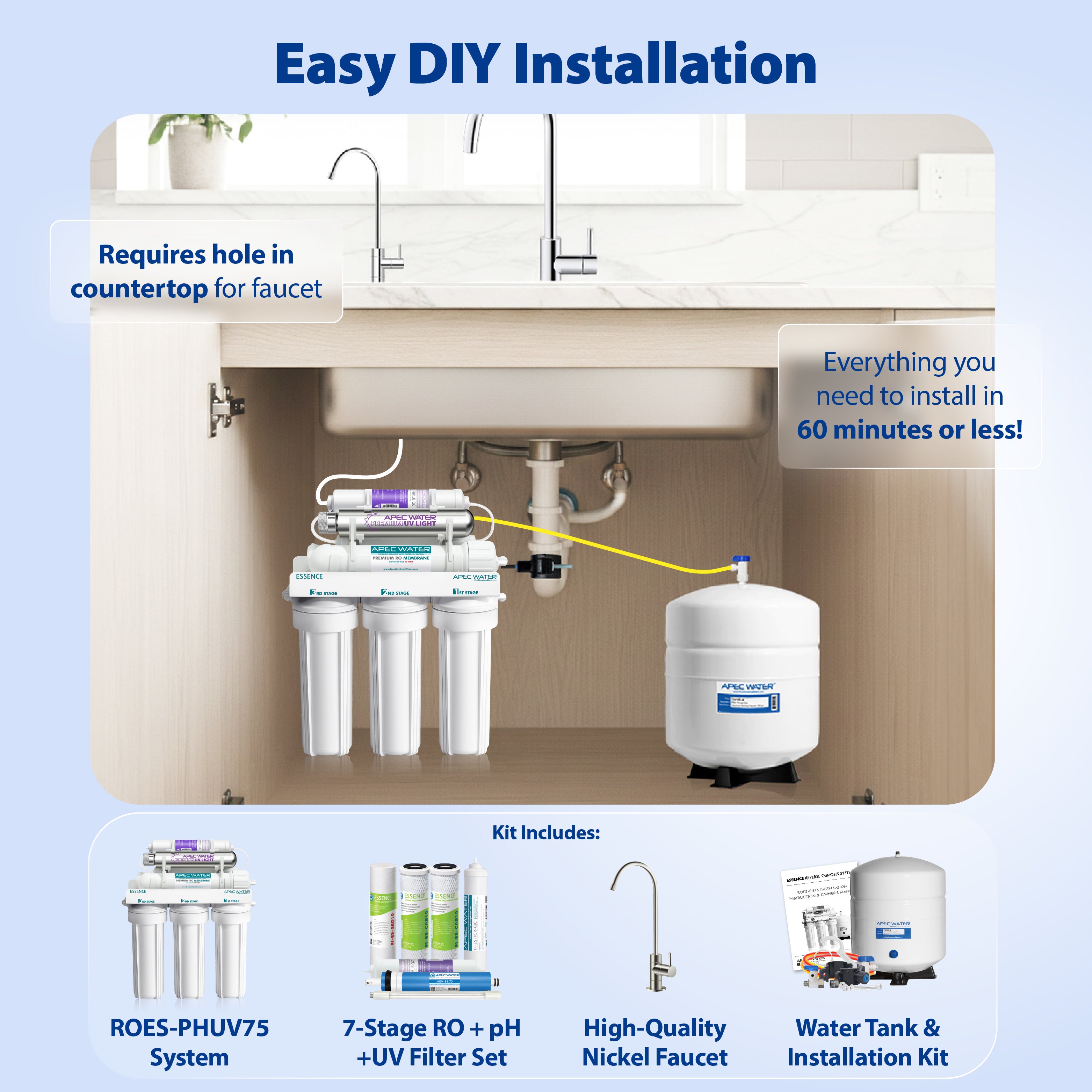 ROES-PHUV75 - Essence Alkaline Mineral pHPlus and UV Ultra-Violet Sterilizer 75 GPD 7-Stage Reverse Osmosis Water Systems for Drinking Water