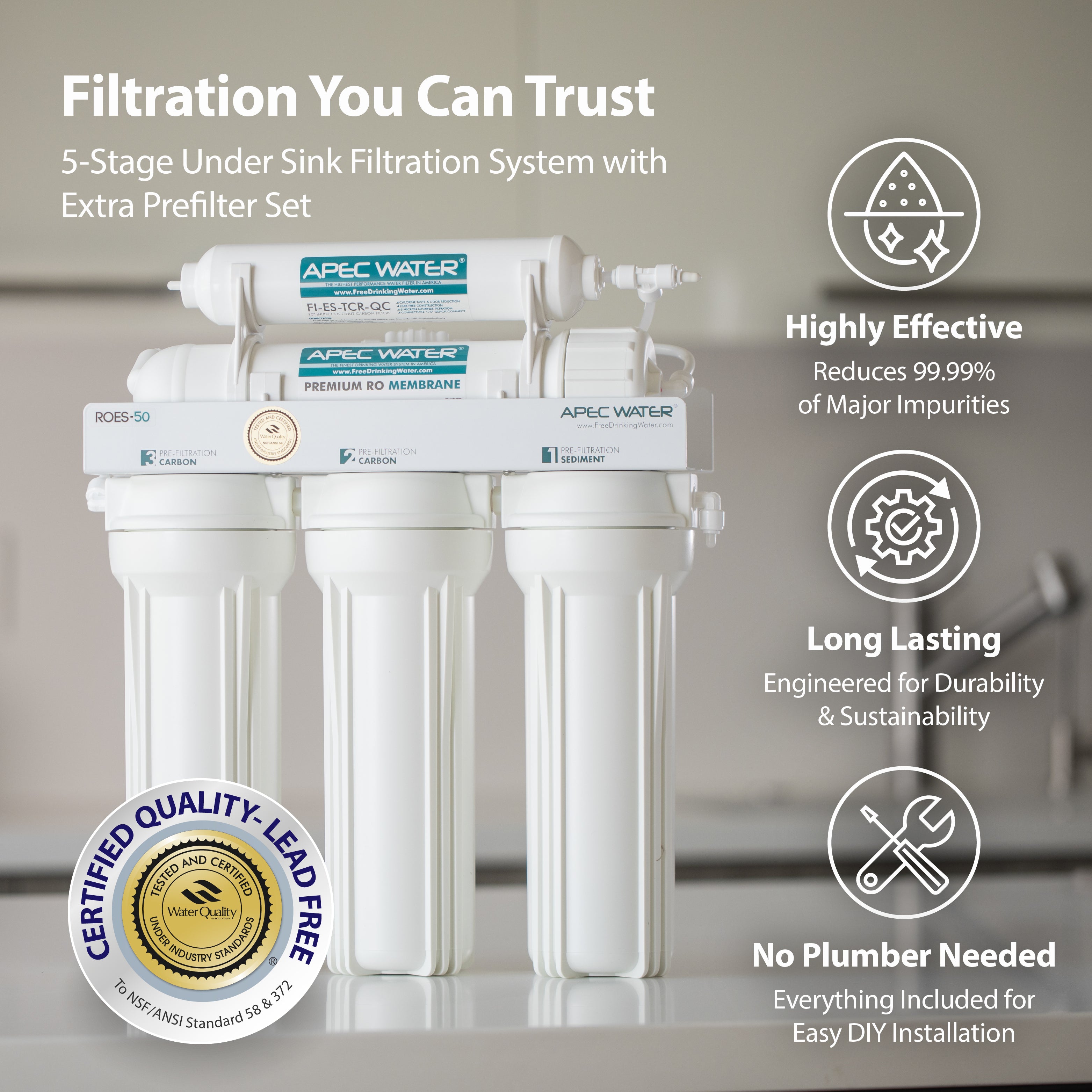 ROES-50X - Essence 5-stage 50 GPD Reverse Osmosis Water System with Extra Pre-Filter Bundle, WQA Certified