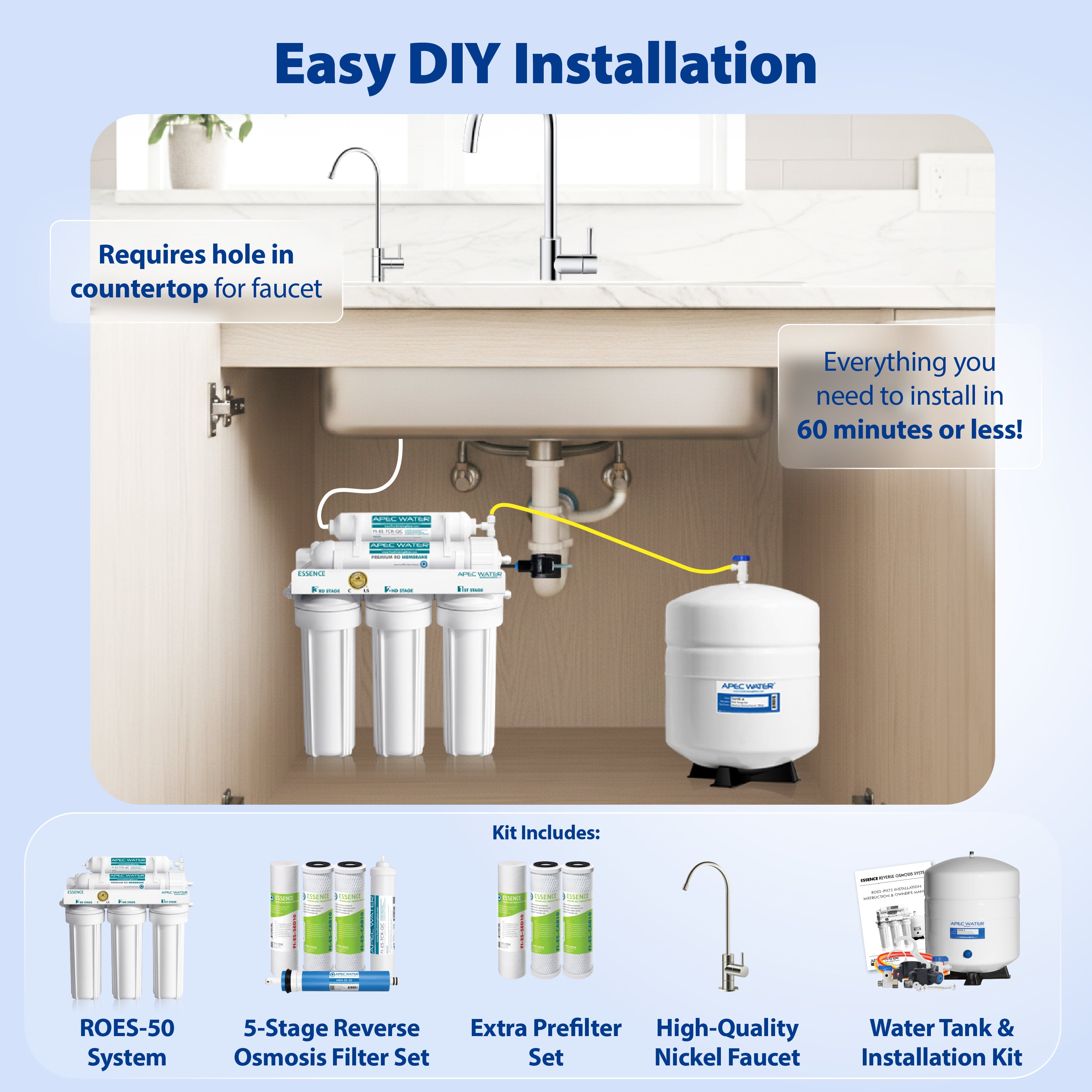 ROES-50X - Essence 5-stage 50 GPD Reverse Osmosis Water System with Extra Pre-Filter Bundle, WQA Certified