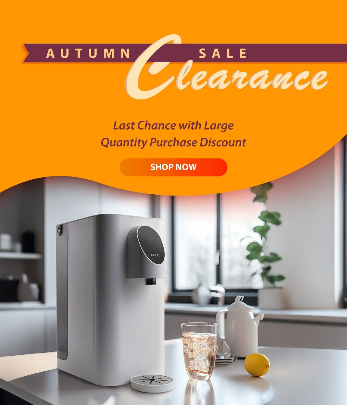 Kettle on a kitchen counter with an 'Autumn Sale Clearance' banner above it.