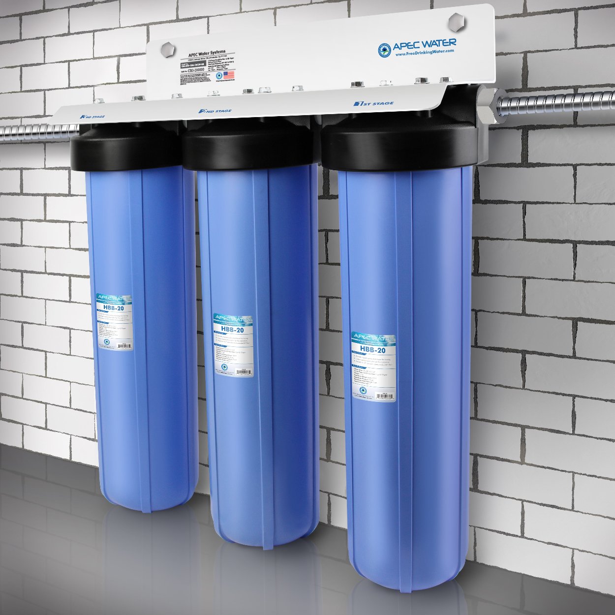Multi purpose 20-inch sediment, GAC carbon, and carbon block combo water filter system mounted on wall