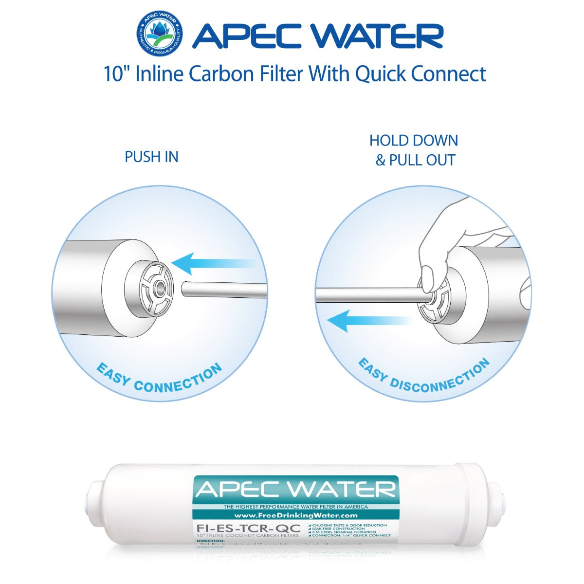 APEC ESSENCE 10 Inch Inline Carbon Filter With Quick Connect, 5 Micron