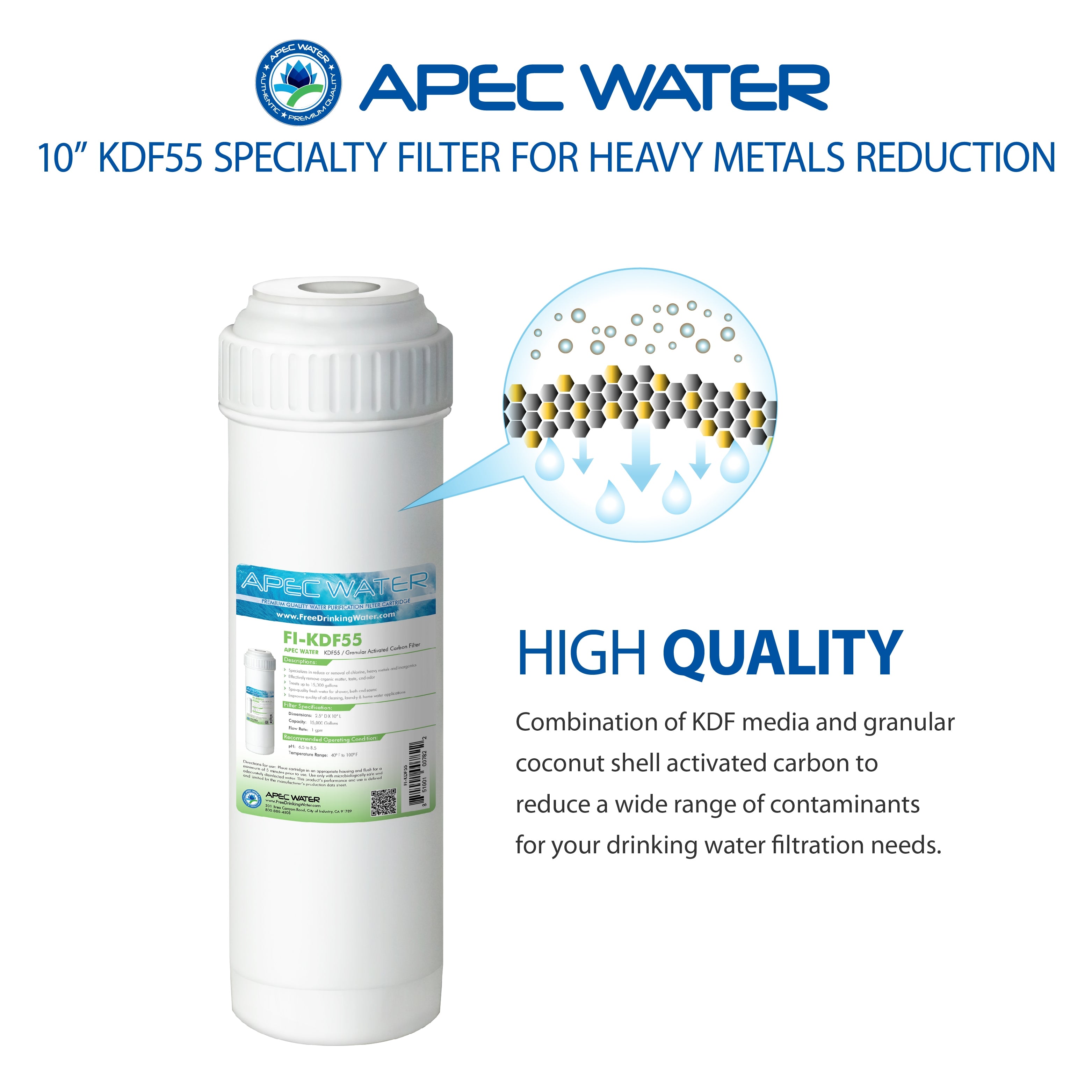 APEC KDF55 2.5 Inchx10 Inch GAC Water Filter Chlorine, Heavy Metal and Bacteria Reduction