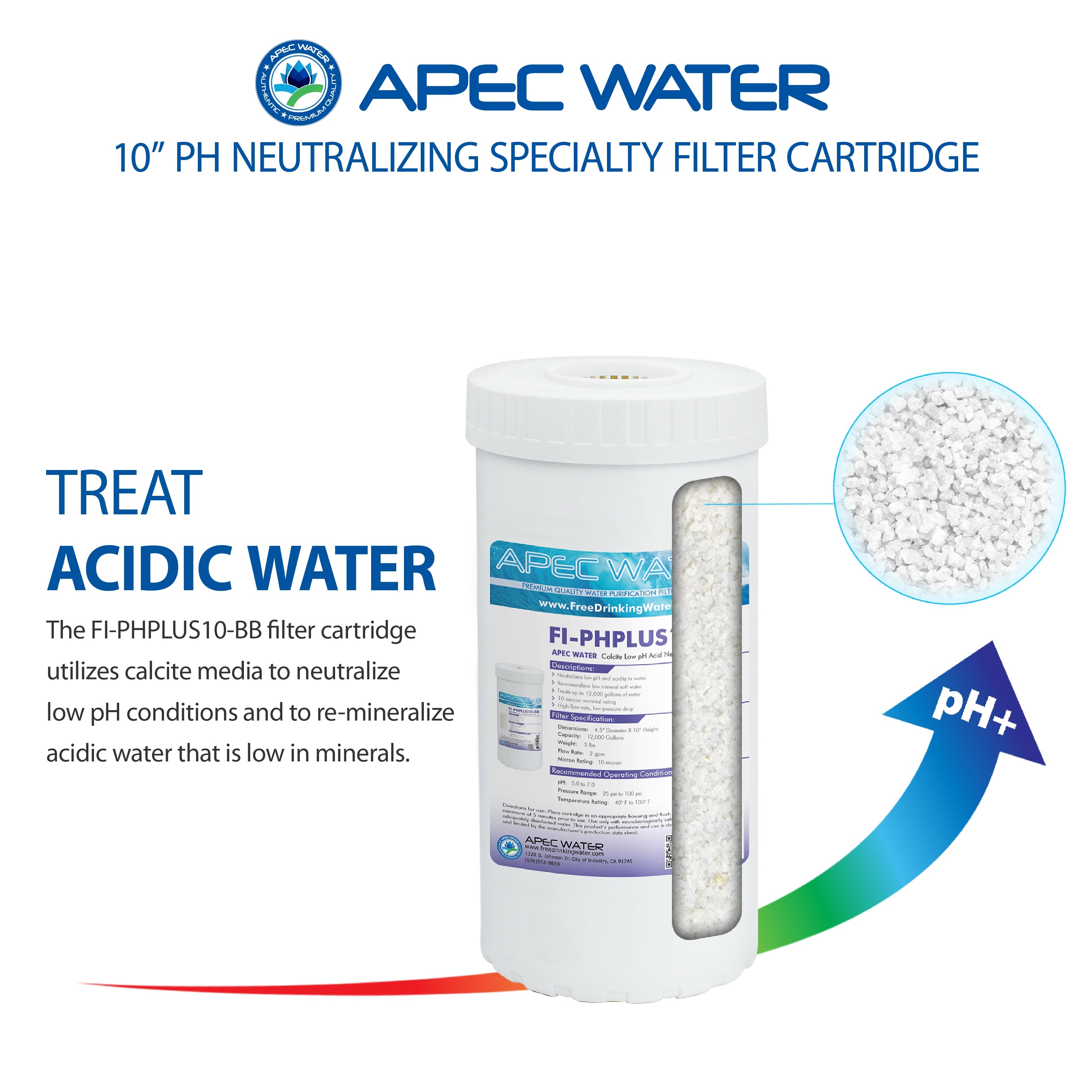 PH neutralizing specialty filter cartridge that treats acidic water that utilizes calcite media to neutralize low pH conditions and remineralize water.