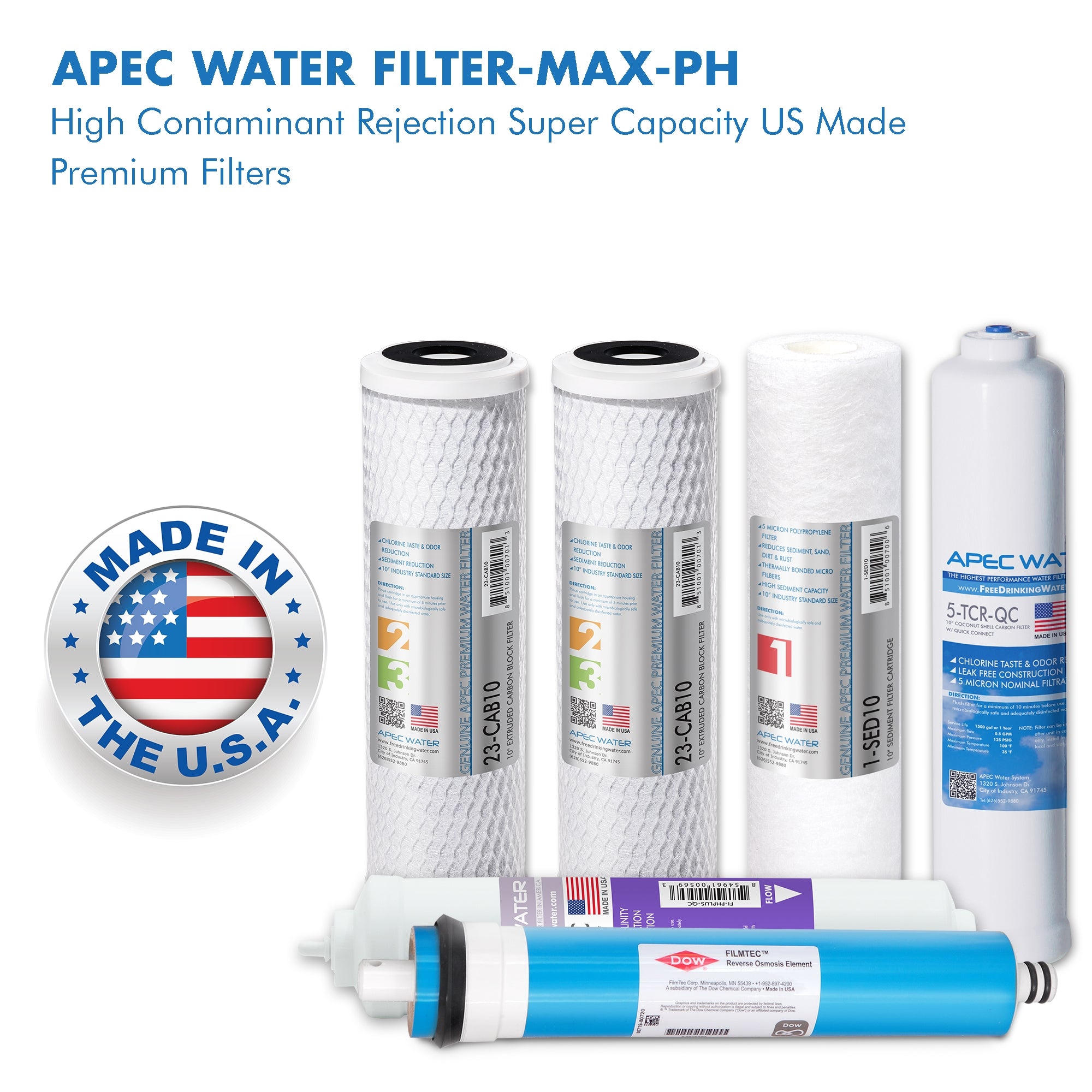 APEC RO Replacement Filters Complete Filter Set for ULTIMATE 90 GPD PH Reverse Osmosis 6-Stage Systems (Stages 1-6) - With 1/4"D Tubing