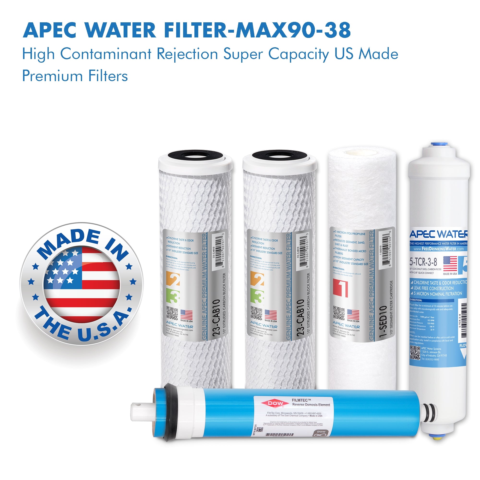 APEC RO Replacement Filters Complete Filter Set for ULTIMATE RO-Hi model, and RO-90 and RO-PERM Models With 3/8"D Tubing Quick Dispense Upgrade (Stages 1-5)