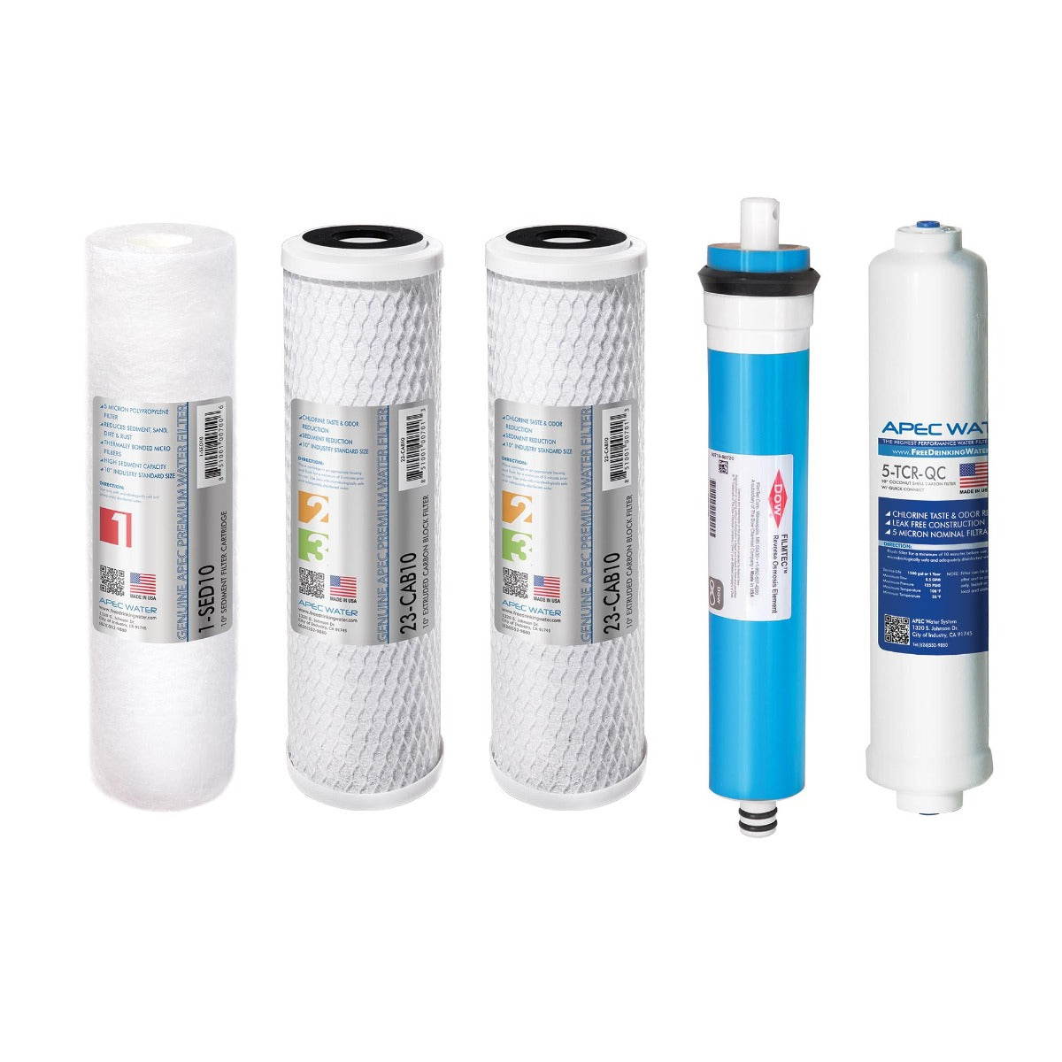 APEC RO Replacement Filters Complete Filter Set for ULTIMATE RO-90 and RO-PERM Models With 1/4"D Tubing (Stages 1-5)