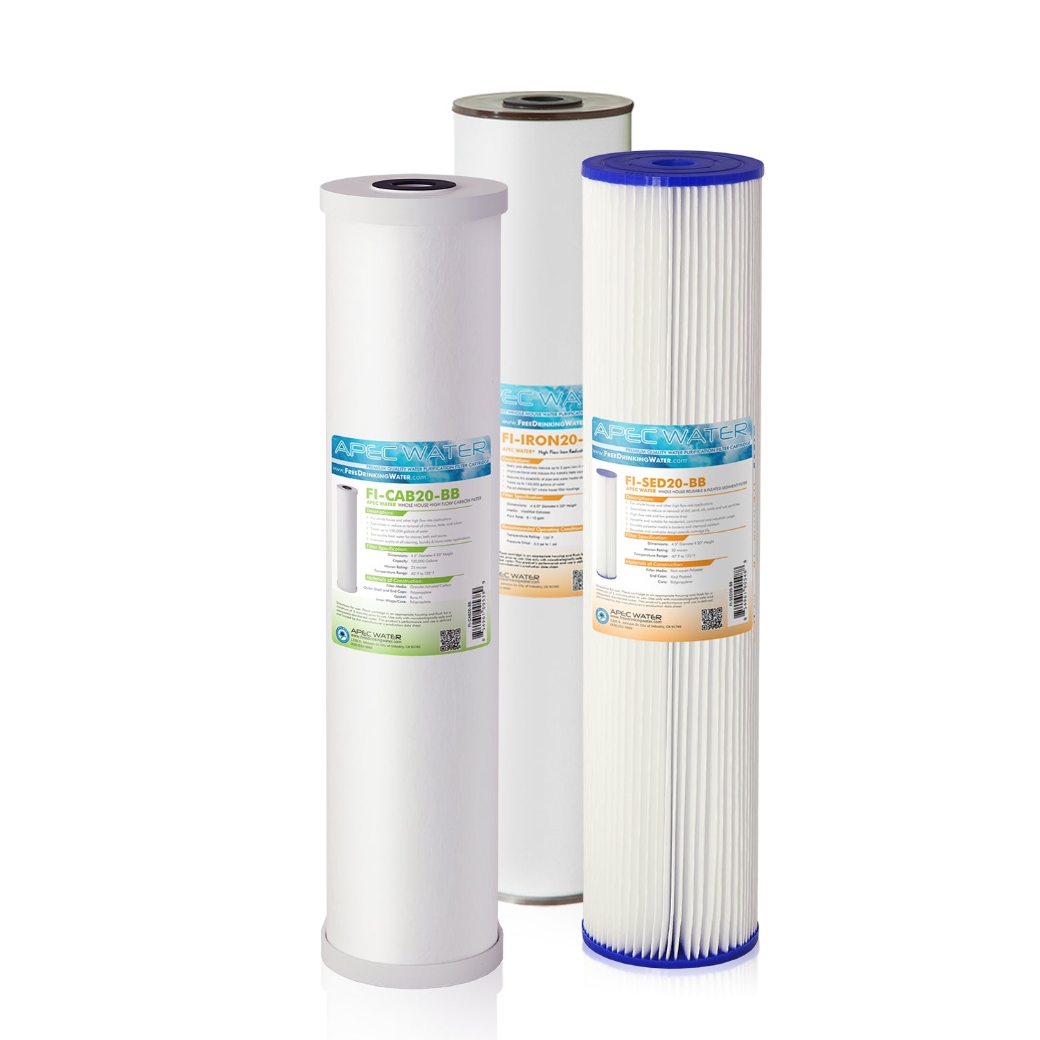APEC 20 Inch Whole House Sediment, Iron, Carbon Replacement Filter Bundle for CB3-SED-IRON-CAB20-BB