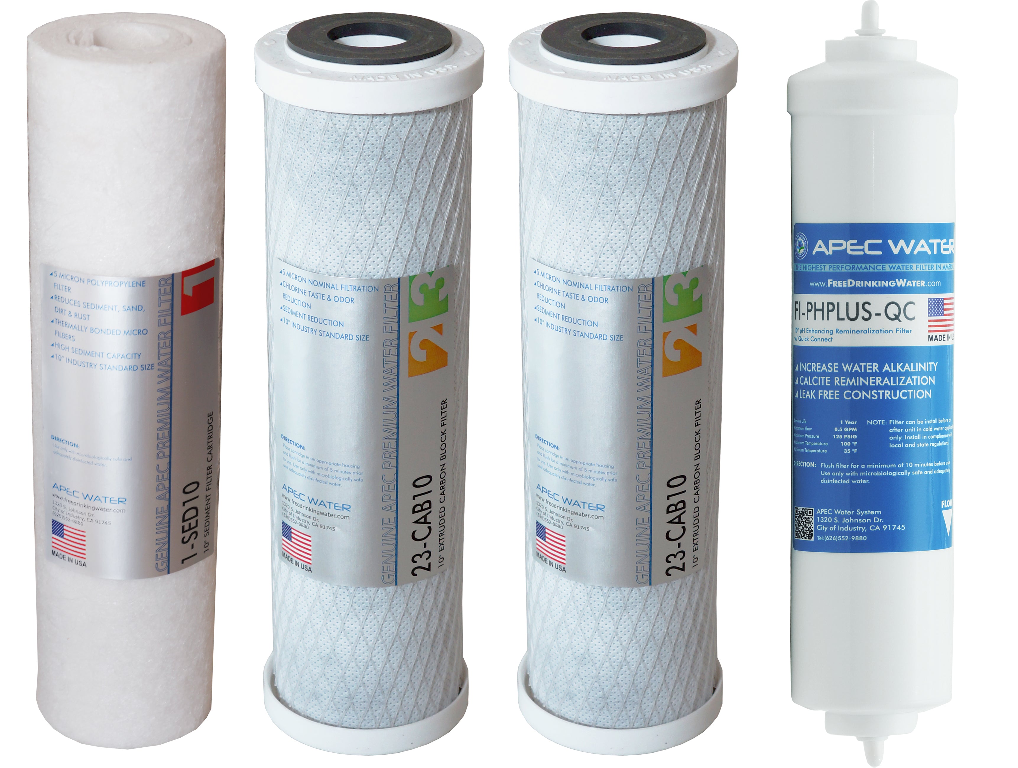 APEC RO Replacement Filters Pre-filter Set for All ULTIMATE 90 GPD PH RO Systems (Stages 1 - 3 and 6) - With 3/8"D Tubing Quick Dispense Upgrade