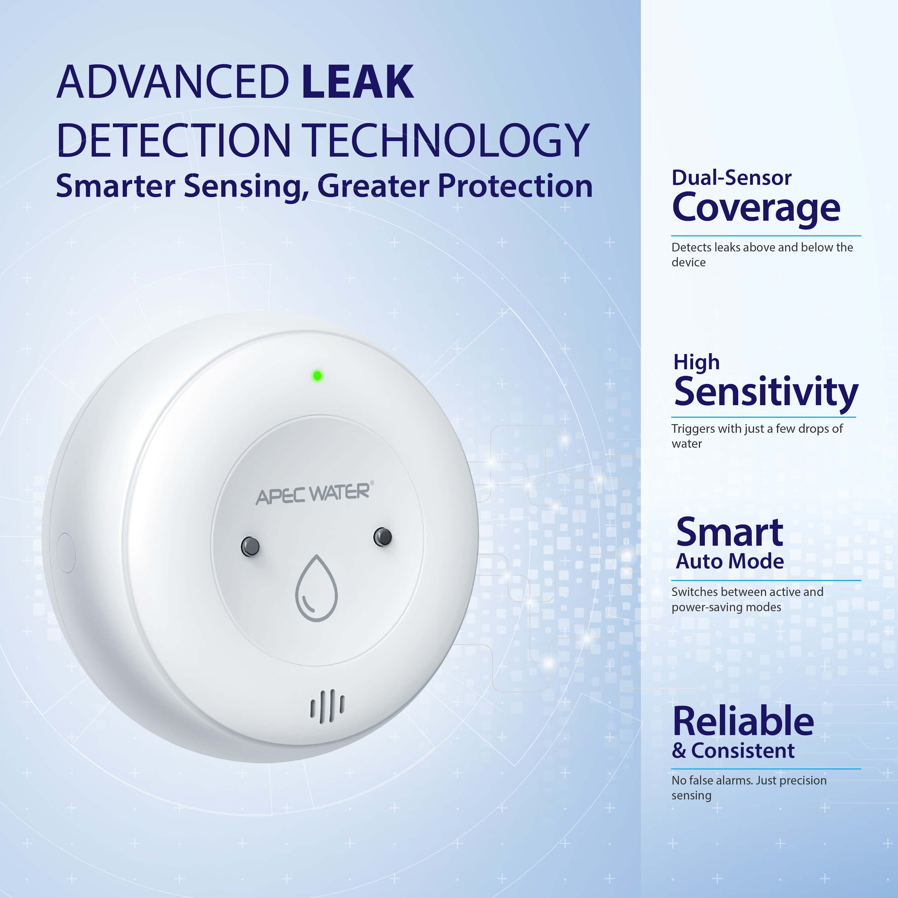 Apec Water leak detection device with features listed on a blue gradient background