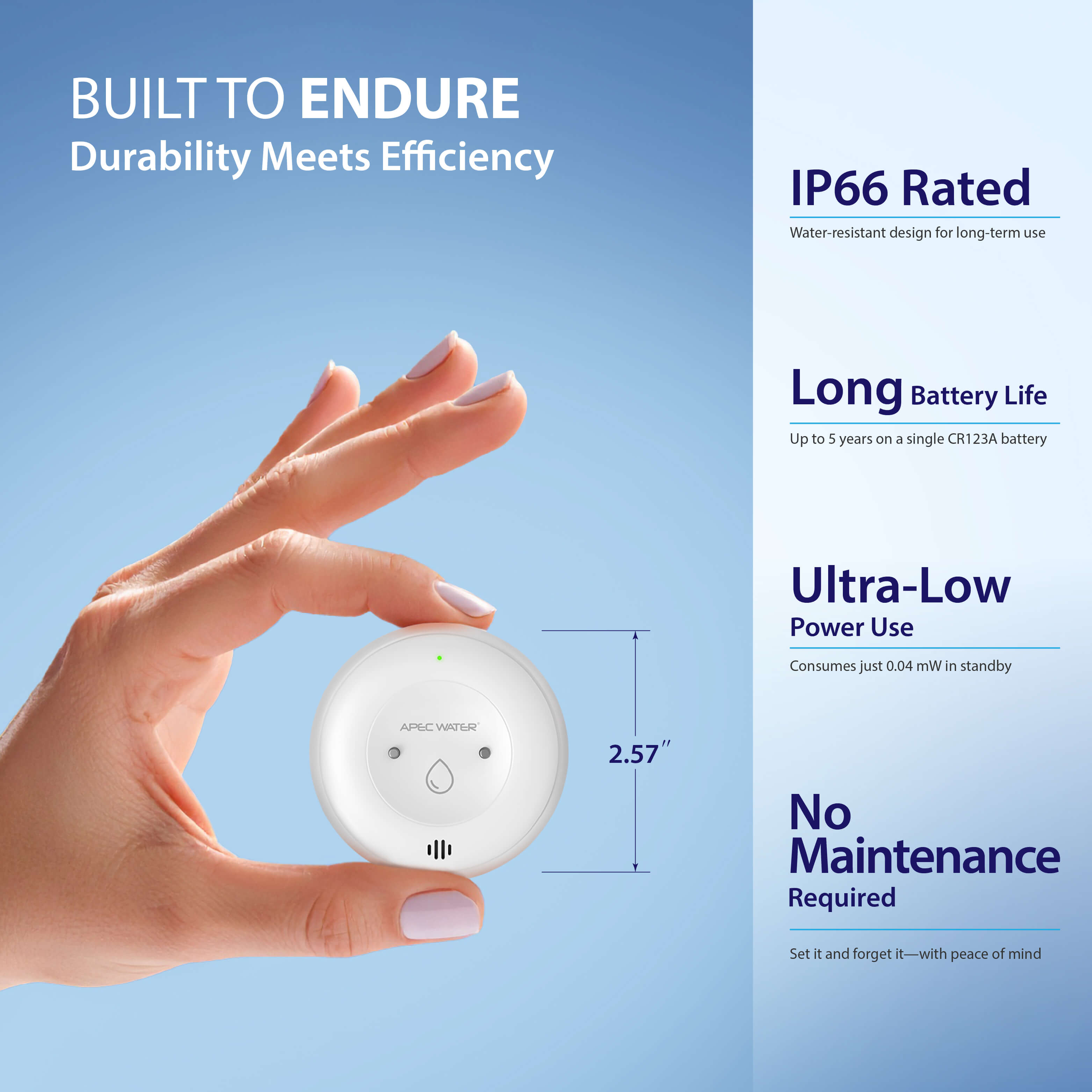 Hand holding a small round device with durability and efficiency features on a blue background