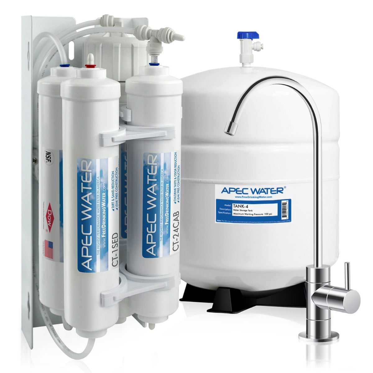 Apec Water filtration system with multiple filters and a water dispenser on a white background