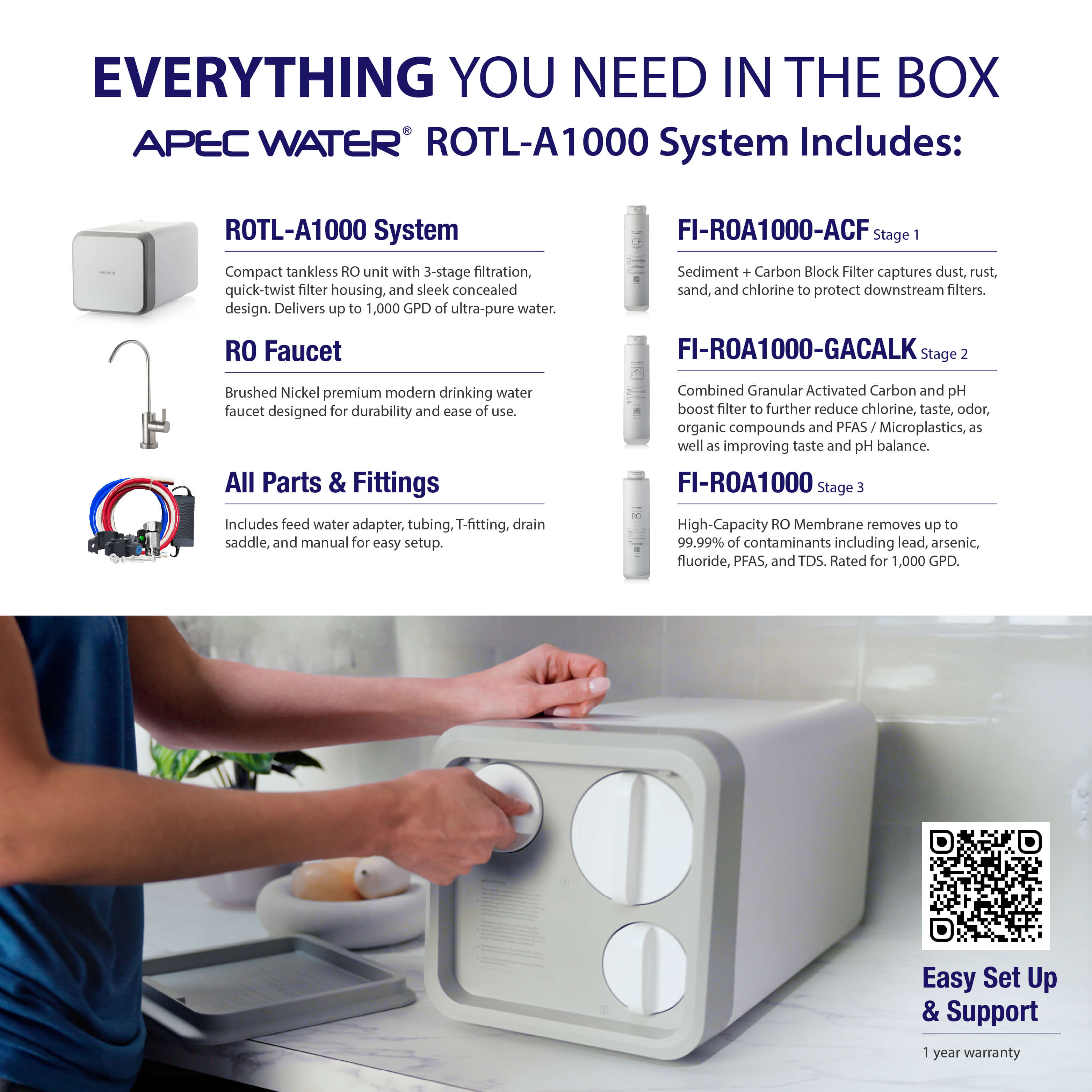 ROTL-A1000ALK - Alkaline Tankless RO System, NSF 372 & 58 Certified 3 Stage Water Filter, 1000 GPD Reverse Osmosis System