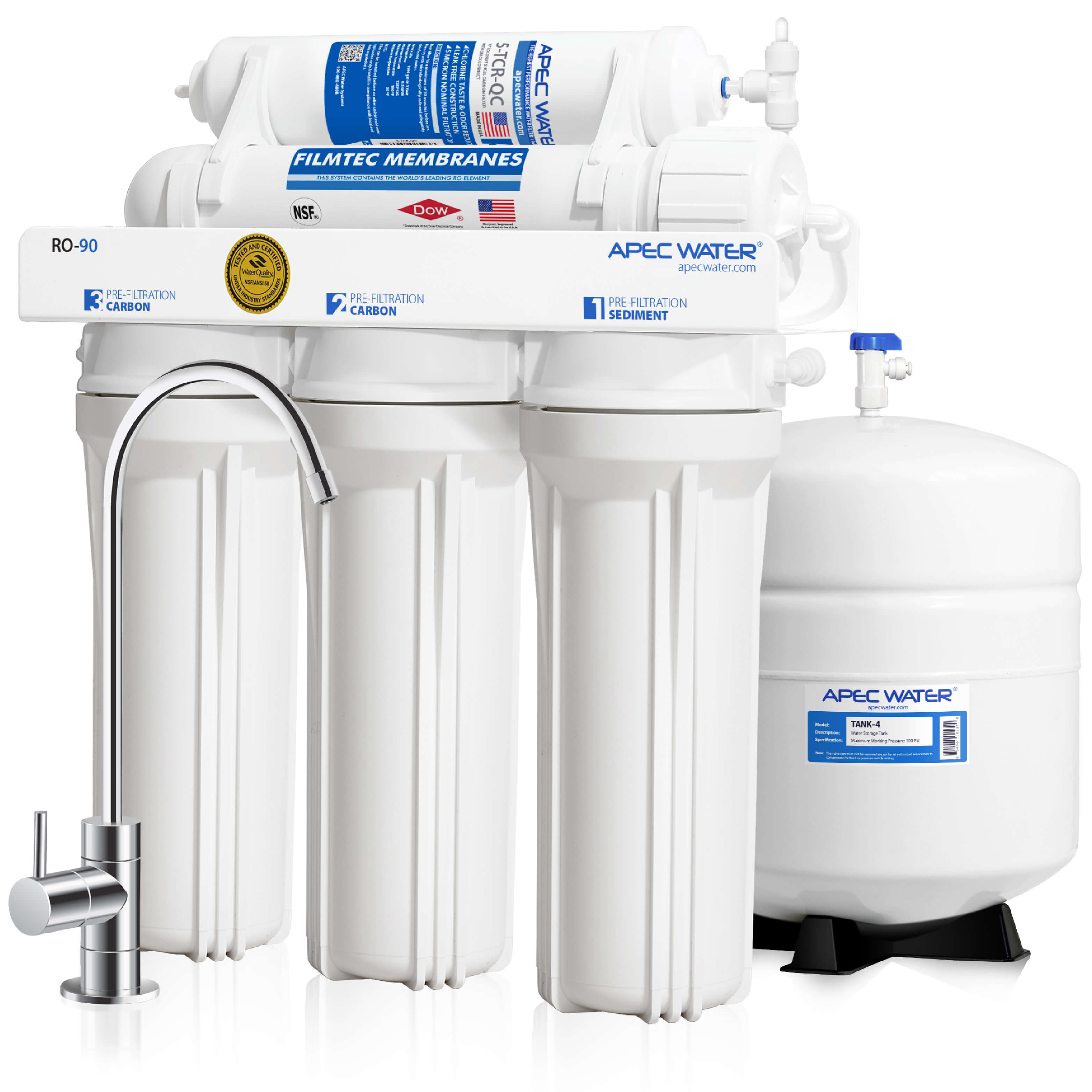 APEC RO-90 5-stage reverse osmosis water filtration system with high output and storage tank for pure drinking water
