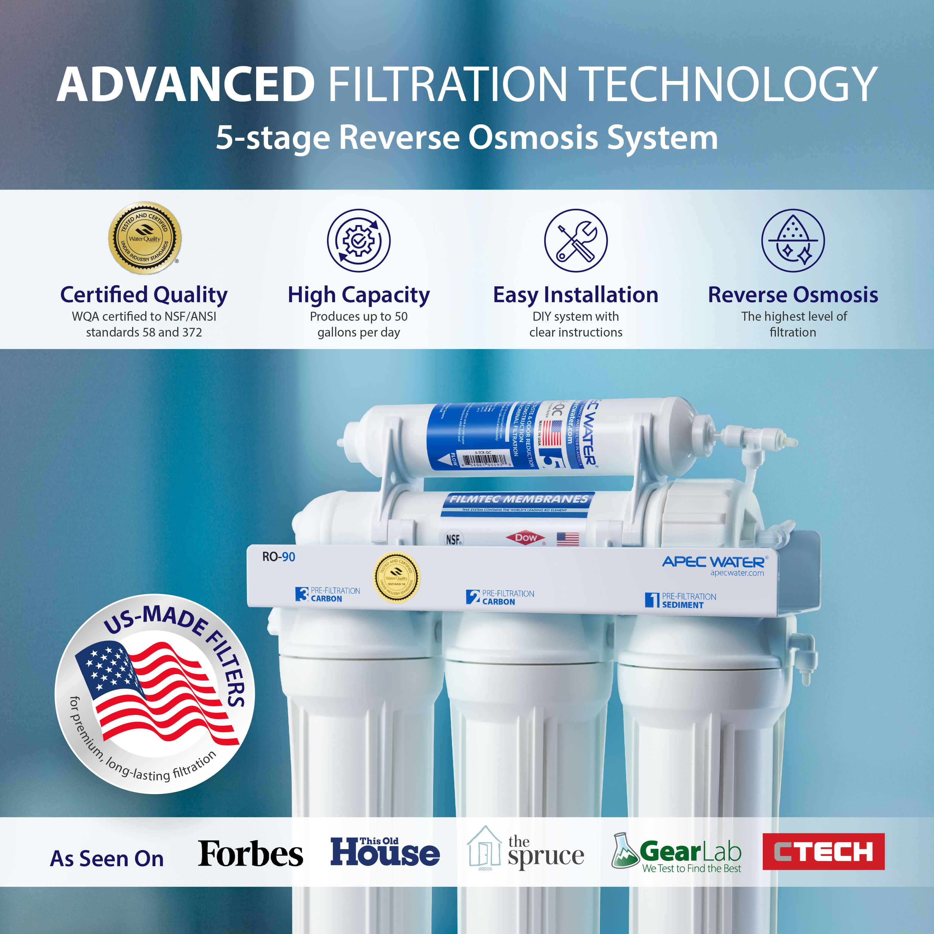 APEC RO-90 5-stage reverse osmosis water filtration system with high capacity, certified quality, easy installation, and US-made filters