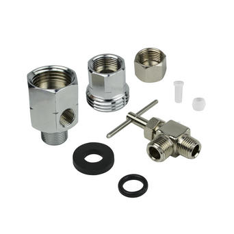 Set of plumbing connectors and parts on a white background