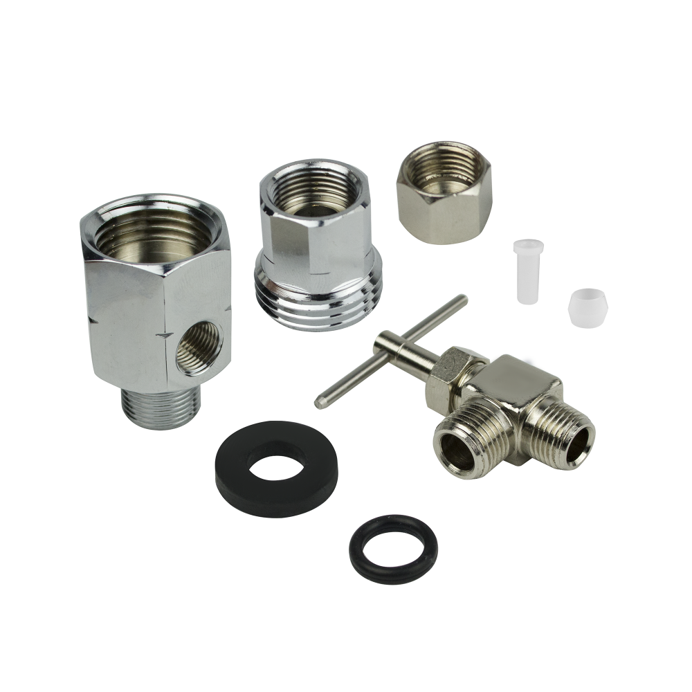 Set of plumbing connectors and parts on a white background