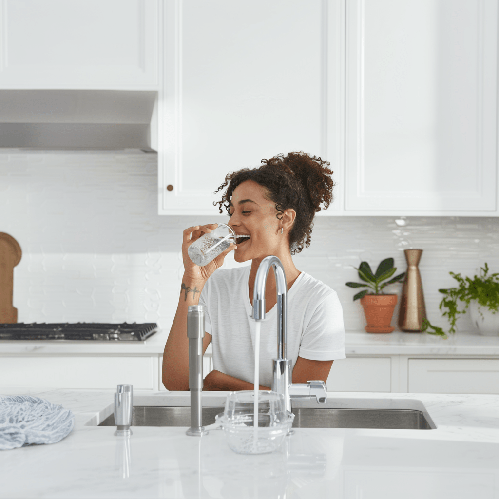APEC Water Person Drinking From RO System Filtered Water